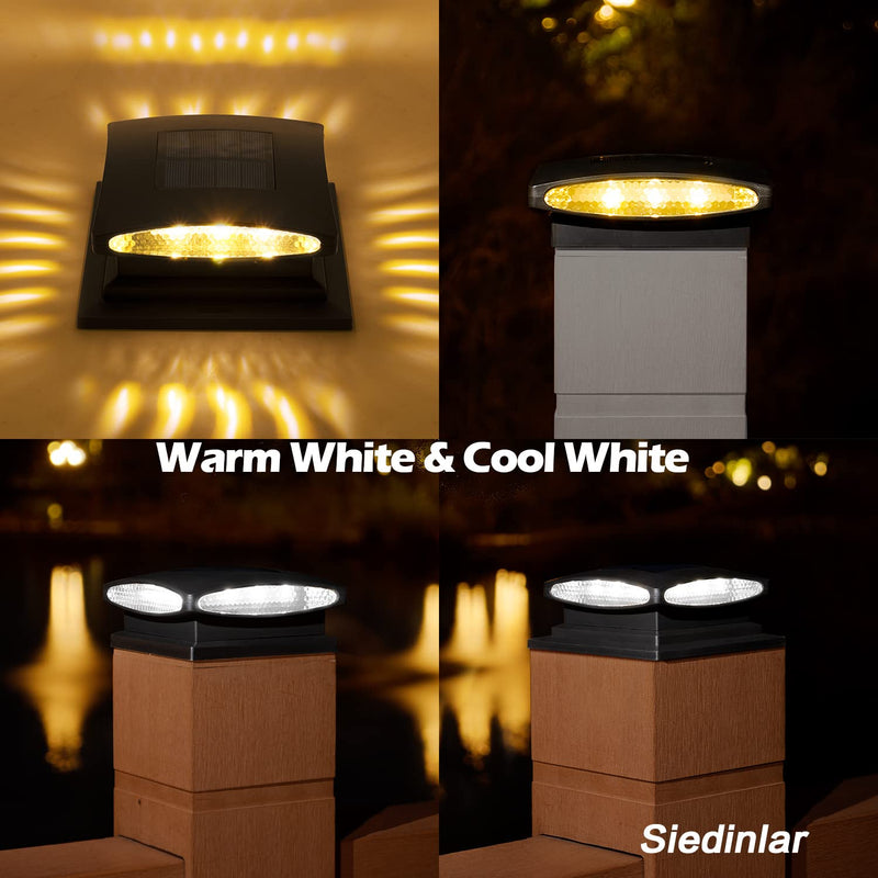 SIEDiNLAR Solar Post Cap Lights Outdoor, 2 Modes 24 LED Solar Powered Fence Deck Light for 4x4 5x5 6x6 Posts Garden Patio Decoration Warm White & Cool White, Black (2 Pack) 2 Pack