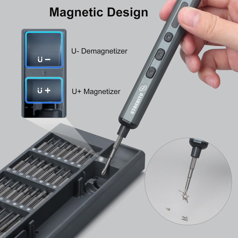 STREBITO Mini Electric Screwdriver Set, 70 in 1 Small Electric Screwdriver Cordless - 64 S2 Preicison Bits, 5 Torque Settings, 4 LED Lights, Mini Power Screwdriver Repair Tool Kit for PC RC Electronic Grey