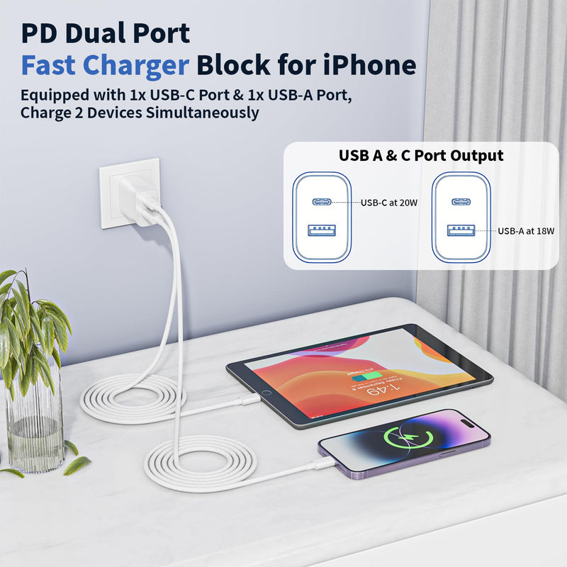 10FT iPhone Lightning Cable[Apple MFi Certified]2Pack 20W Apple Lightning Charger Dual Port USBA+C Charge Block with 10FT iPhone Fast Charging Woven Cable Cord for iPhone14/13/12/11/XS/XR/X/8/7/SE2022