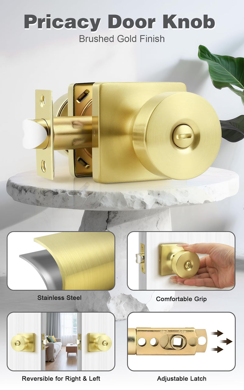 Probrico Bedroom Door Knob Brushed Gold Finish, 2 Pack Standard Size Interior Door Handles with Privacy Locking Function, Square Panel Knob for Bathroom