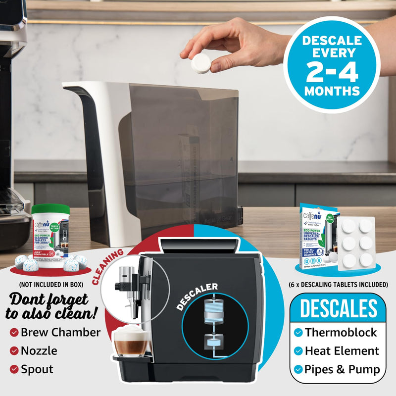 Caffenu Descaling Tablets Pack of 6. Coffee Machine Descaler Tablets. Compatible with Jura, Mellita, Siemens, Phillips and Saeco. Remove Limescale & Build-up. Complete the Barista Kit