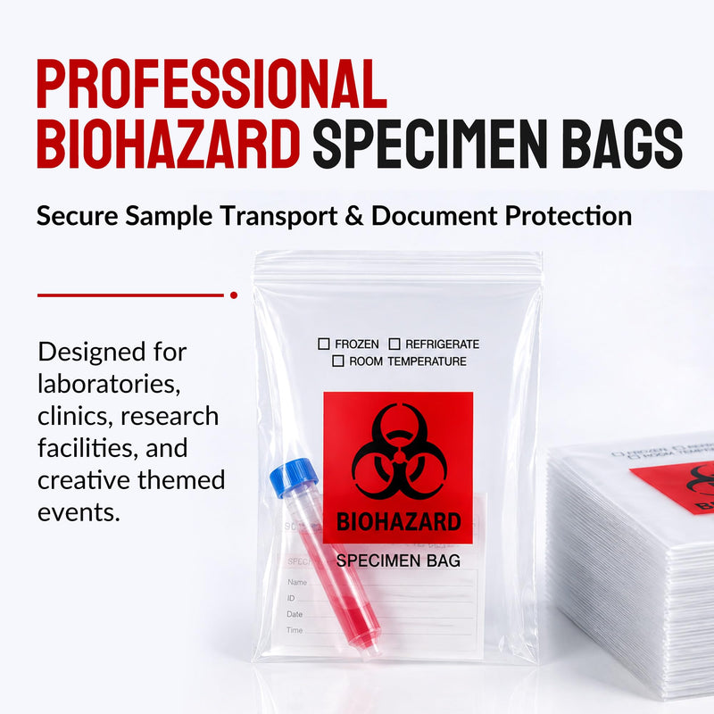 Biohazard Specimen Bags 6x9, Lab Sample Bags with Outer Pouch, 500-Pack | Reclosable seal bag with red biohazard logo. Features outside pocket for paperwork. Ideal for lab sample storage. 500 PCS