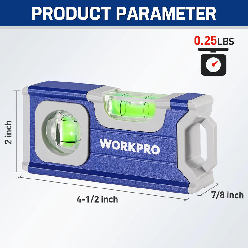WORKPRO Small Level, 4-1/2 Inch Mini Level Tool, Magnetic Pocket Level with 2 Different Bubbles 90°/180°, Aluminum Alloy Construction, Cobalt Blue