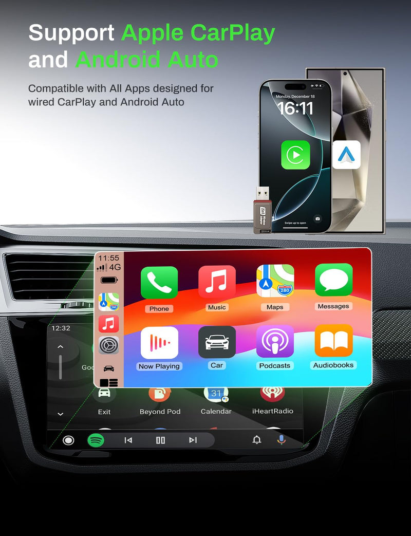 2026 Wireless CarPlay Adapter Support Apple CarPlay & Android Auto, 2-in-1 USB A & USB C Mini Bluetooth Dongle Convert Wired to Wireless Compatible with iPhone & Android Gunmetal