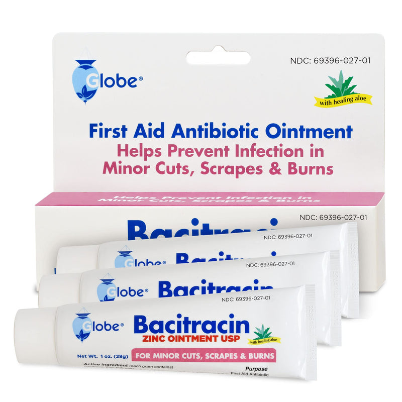Globe (3 Pack) Bacitracin Zinc Ointment + Aloe 1oz - Maximum Strength Antibiotic for Wound Healing - Topical Medicated Solution for Cuts, Burns, Scrapes - Skin Infection & First Aid Essentials