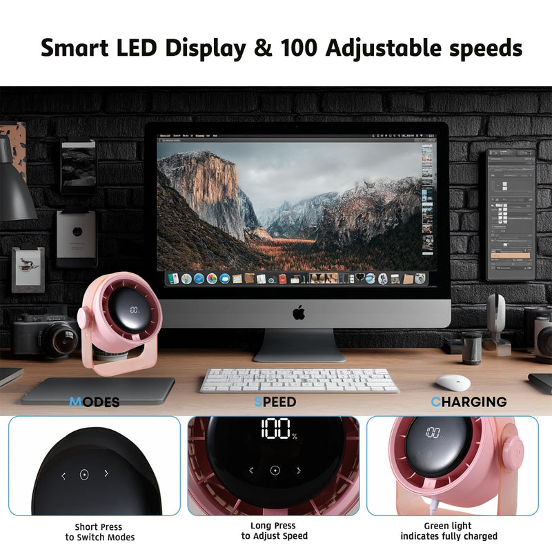 VAVOFO Desk Fan, Small Quiet LED Display Portable USB Fan, 180°Tilt, 100 Speeds, 5 Modes, Rechargeable 3600mAh Battery Operated Table Fans For Office, Bedroom, Outdoor（PINK） Pink 3600.0 Milliamp Hours