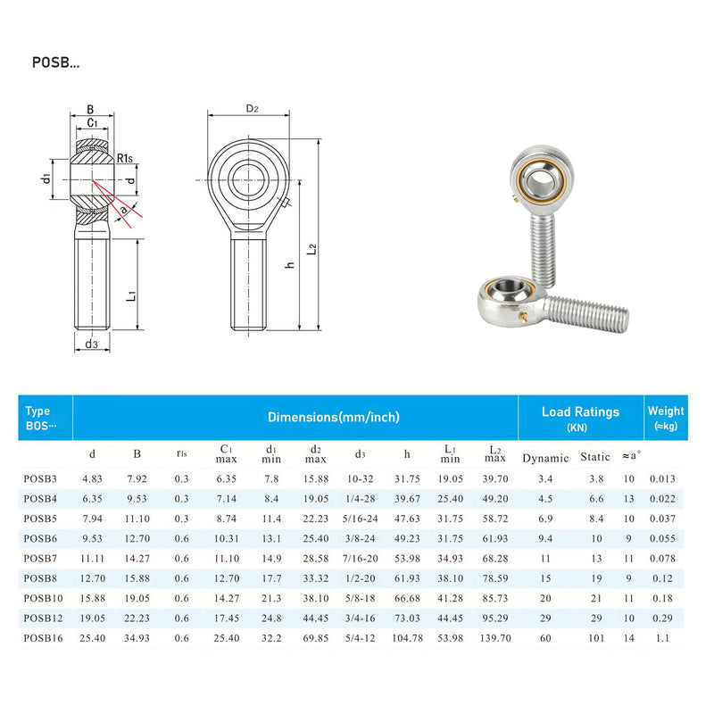 POSB6 Spherical Rod End Bearings 3/8" Bore Pre-Lubricated Joint Bearings Set, Self-Lubricating Rod End 3/8-24 Male Thread Connector Bearing with Jam Nut, 2 PCS POSB6 POS