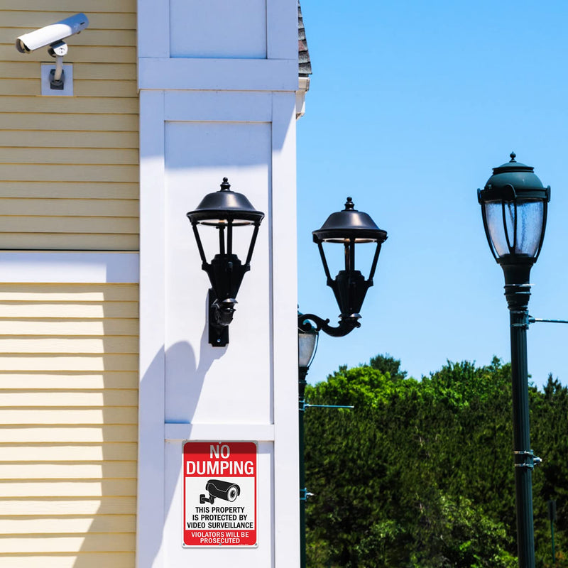 GicnKeuz Large No Dumping signs, 14x10 Inches Property Protected by Video Surveillance signs, Reflective Aluminum, Fade Resistant/Waterproof, Indoor or Outdoor Use (2-Pack) RED 2 PACK