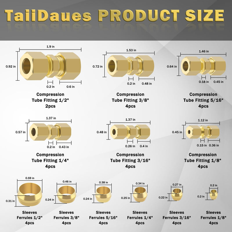 46pcs Brass Compression Tube Pipe Fittings Assortment Kit, Taiidaues 1/8" 3/16" 1/4" 5/16" 3/8" 1/2" OD Compression Union Connector & Compression Sleeves Ferrules 46Pcs Compression Kit - NewNest Australia