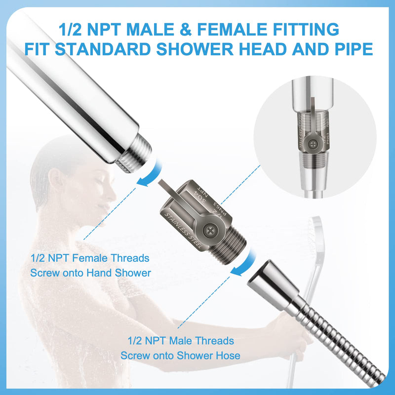 Shower Head Shut Off Value with Handle Lever, 304 Stainless Steel Water Flow Control Value 1/2" NPT Thread, Showerhead Shower Shut Off Adjustable Water Pressure Regulator, Water Saver