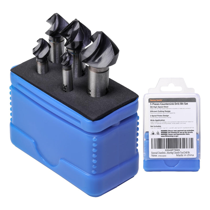 Countersink Drill Bit Set, 5 Pieces M2 High Speed Steel with 82 Degree, 3 Spiral Flutes, Tri-Flat Shank, Cutter Bit Countersink in Size 1/4" 3/8" 1/2" 5/8" 3/4" for Wood, Metal, Plastic... Countersink Set （5 PCS)