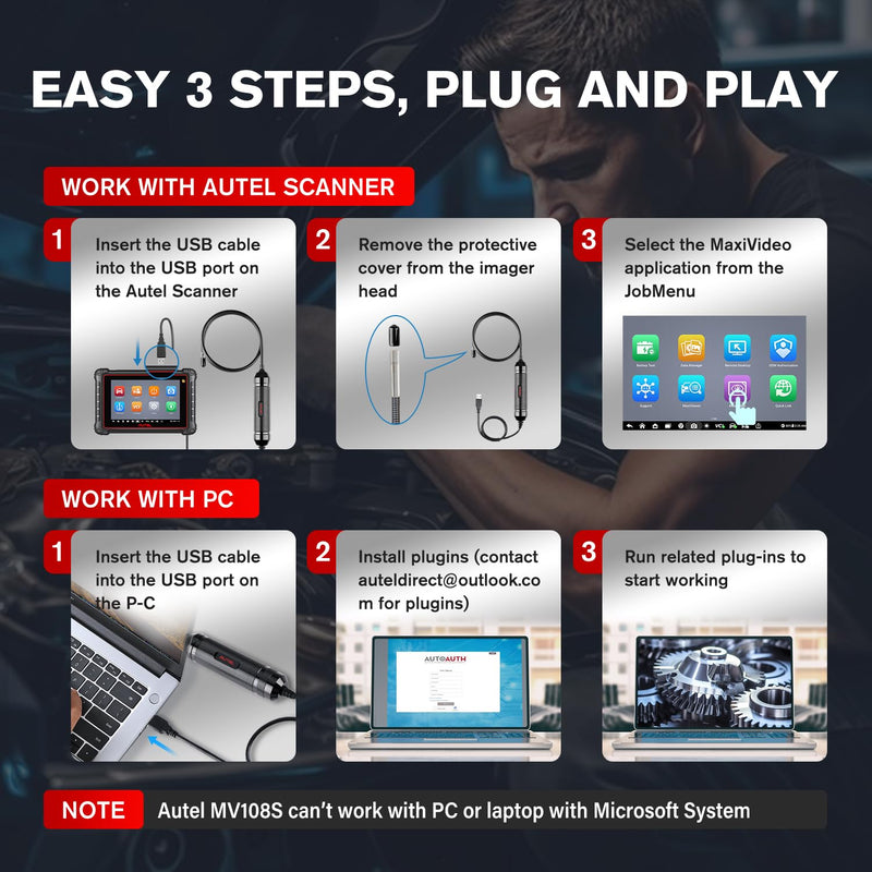 Autel MaxiVideo MV108S Digital Inspection Camera, 2MP 1920x1080, 8.5mm Ultra-Slim USB Industrial Endoscope, IP67 Borescope Snake Camera+ LED Light, Work w/Autel Scanner & P-C, up of MV108 MV105S MV105