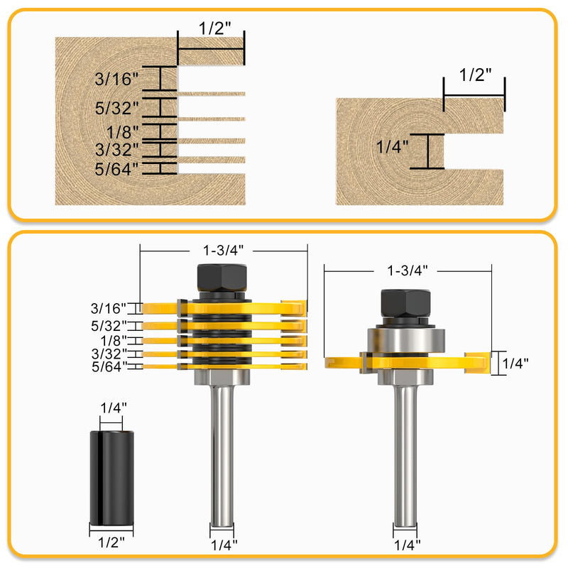 MEANLIN 1/4" Shank Slot Cutter Router Bit Set with Router Collett, 6 Size Cutting Thick: 5/64", 3/32", 1/8", 5/32", 3/16", 1/4"