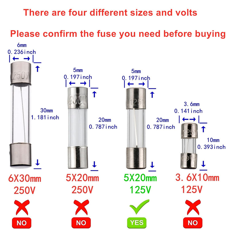 BOJACK F5AL125V 5x20 mm 5 A 125 V fuses 0.2x0.78 Inch 5 amp 125 Volt Fast-Blow Glass Fuses (Pack of 20) 5A