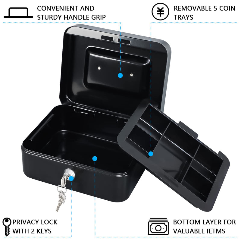 KYODOLED Medium Cash Box with Removable Money Tray, Key Lock Metal Storage Box with 2 Keys & Portable Handle, Safe Cash Drawer, 7.87"x 6.30"x 3.54", Black