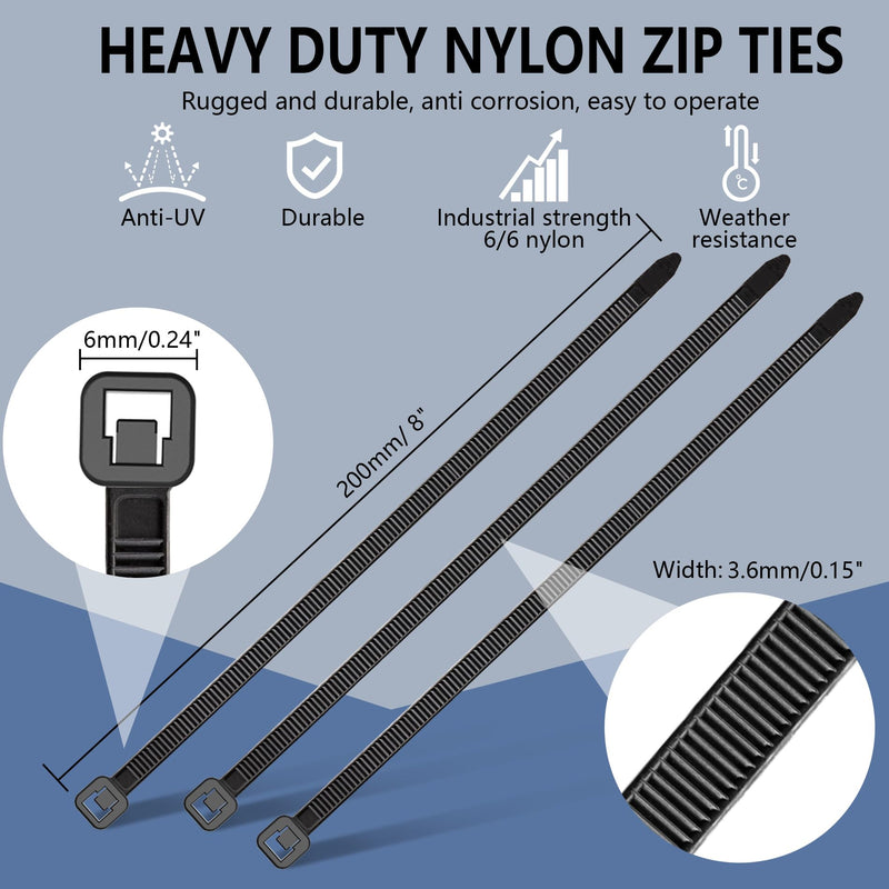 200pcs Zip Ties 8 Inch Black, Heavy Duty Zip Tie, 50lb Strength Cable Ties, Industrial Nylon Wire Tie Wraps for Garage and Workshop. 8inch 200pcs