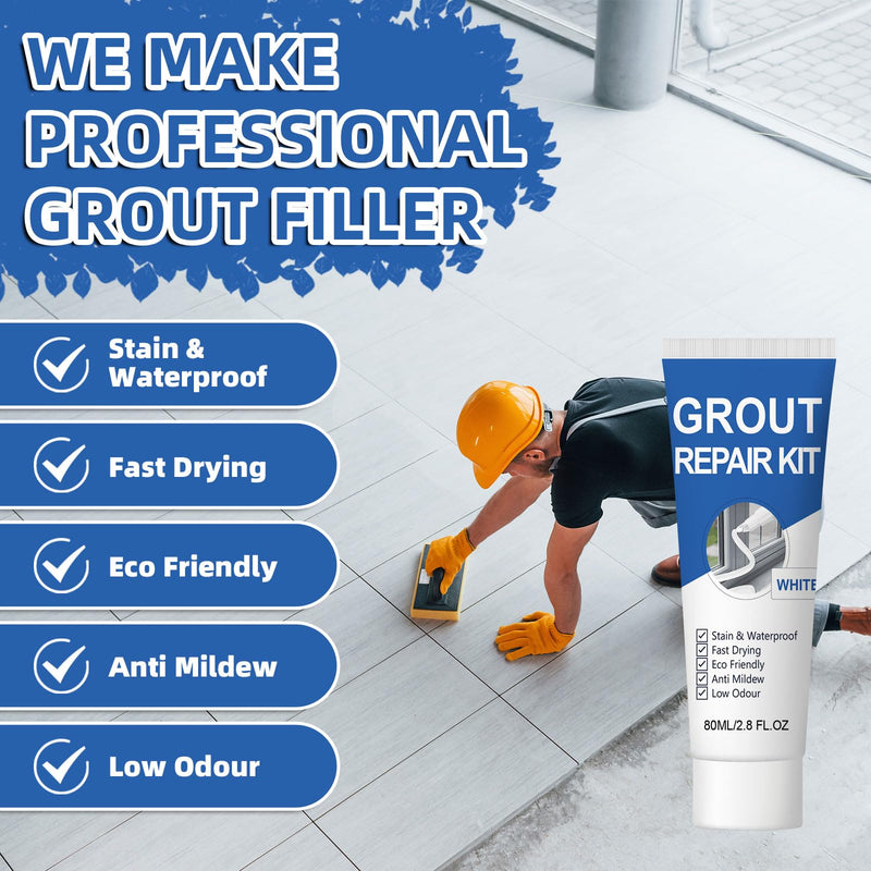 Tile Grout Repair Kit, 2 Pack White Grout Filler, Fast Drying and Waterproof Tile Grout Repair for Bathroom Shower Kitchen, Restore & Renew Tile Joints Line