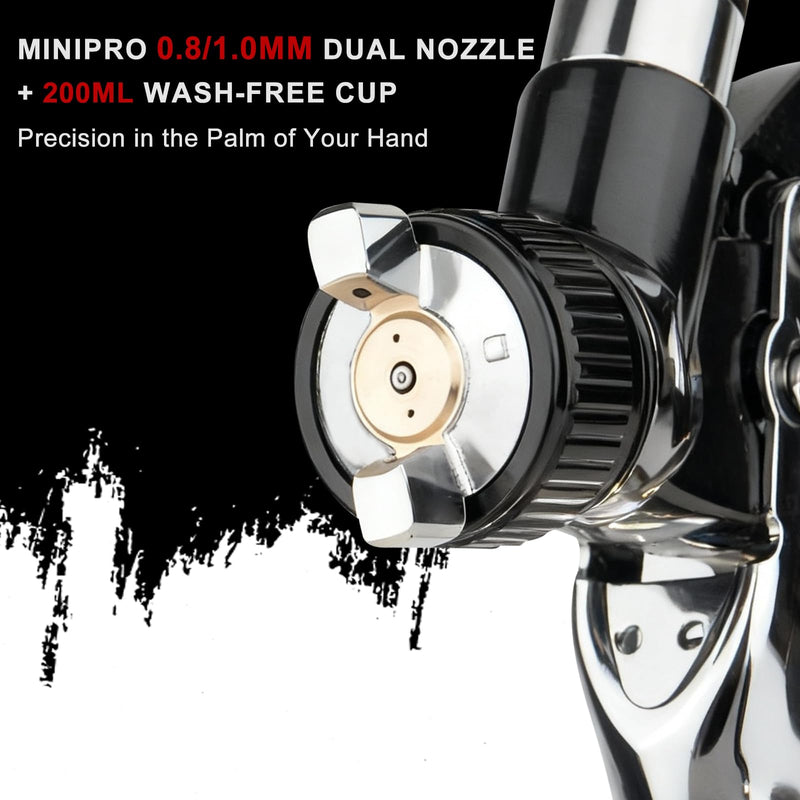 Mini HVLP Spray Gun with 0.8/1.0 mm Nozzles and 10x 200ML Disposable Paint Cups, Automotive Paint Gun Touch UP Paint Sprayer Gun, Air Paints Gun for Auto Paint, Primer, Repair Detail Black2