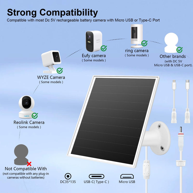 6W Solar Panel Charger for Outdoor Security Cameras. Micro USB/USB - C/DC (35 * 135) Fits Eufy/Wyze/Ring Camera, 9.8ft Cable,Waterproof Stabilization System for Battery Protection Fast Charging white-1Pack