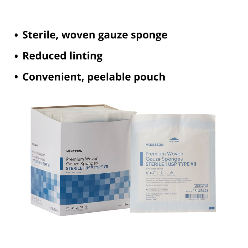 McKesson Premium Woven Gauze Sponges, Sterile, 8-Ply, USP Type VII, 100% Cotton, 4 in x 4 in, 2 per Pack, 50 Packs, 100 Total