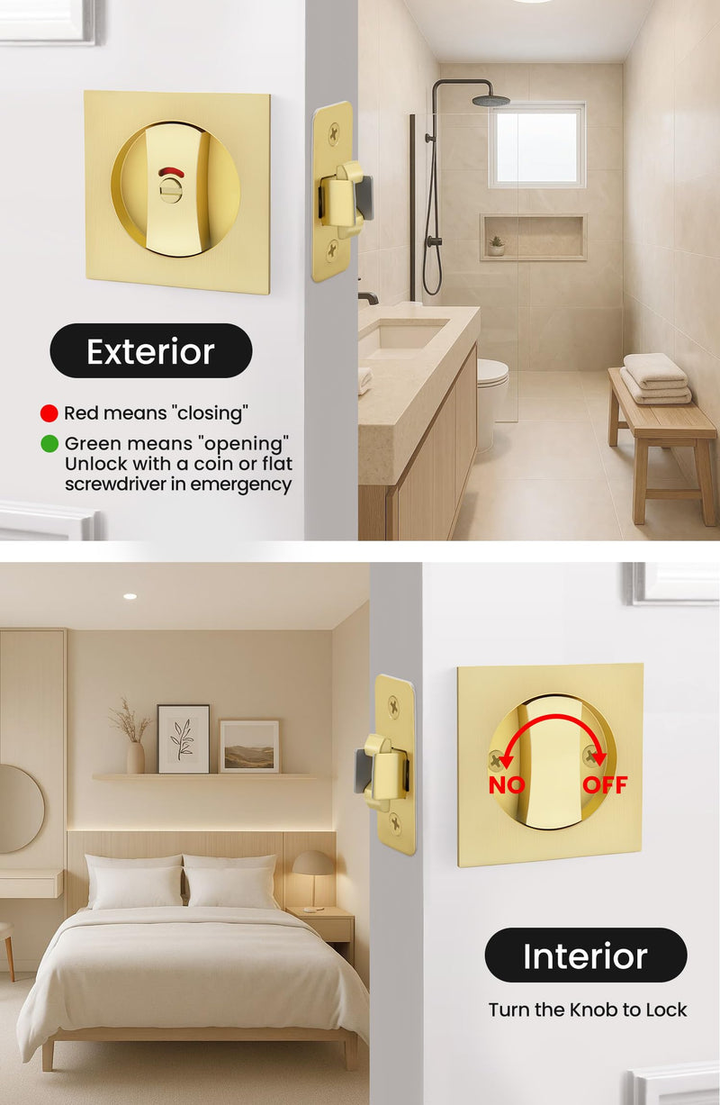 goldenwarm Brushed Gold Square Pocket Door Lock with Indicator, Pocket Door Hardware for 2-1/8'' Round Bore Hole, Pocket Door Handles Fit 1-1/4'' to 2'' Thickness Sliding Door 2-3/8'' Latch 1 Pack Indicator 1 Pack