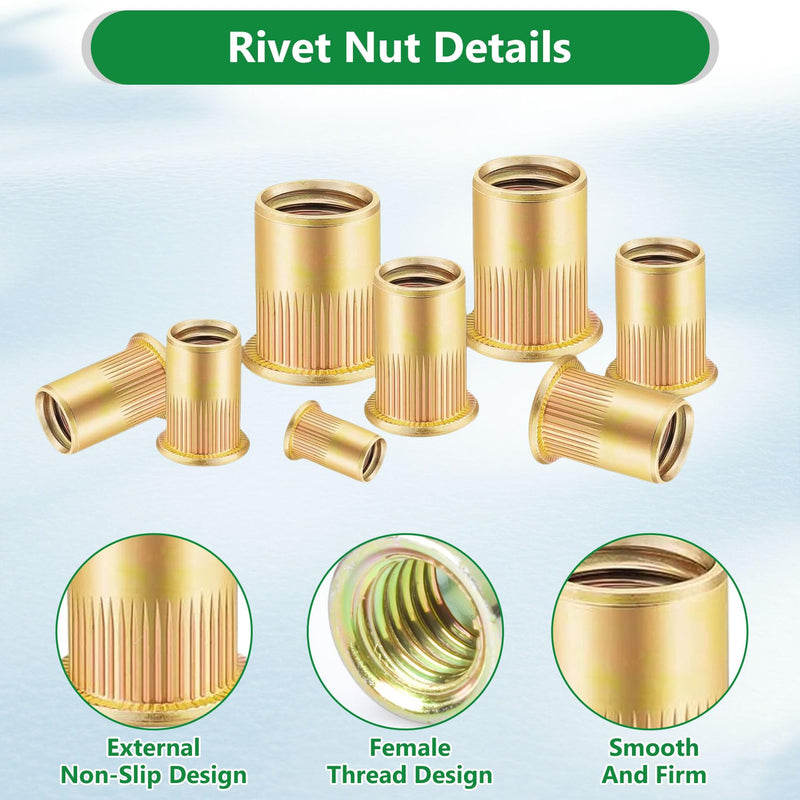 160PCS Rivnuts Nutserts Kit, SAE Rivet Nuts Assortment Kit - 1/4-20, 3/8-16, 5/16-18, 10-24, 8-32, 6-32 - Zinc Plated Carbon Steel for Metal, Plastic, Fiberglass 160PCS SAE Silver