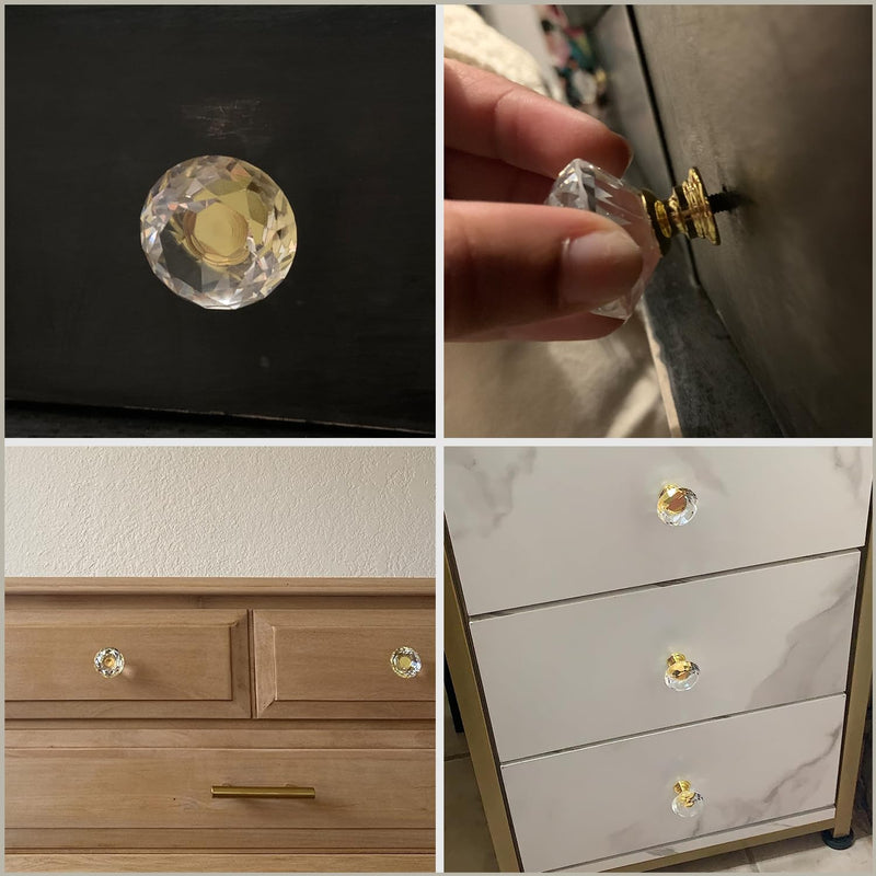 5 Pack Crystal Glass Cabinet Knobs - 30mm Clear Diamond Shape Decorative Gold Base Pulls Handles for Drawer Dresser Kitchen Cabinets Wardrobe Bathroom Vanity Desk (Gold) 5 Pack (Gold)