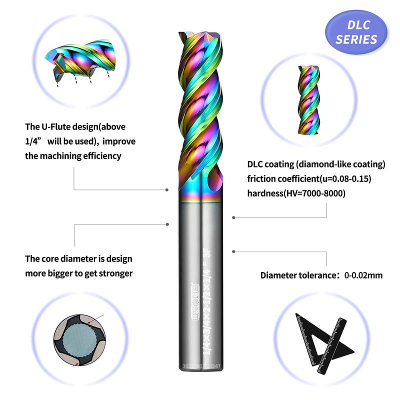 Tools DLC Series Carbide Square End Mill, Diamond-Like Coating, End Mill for Aluminum, Copper, Magnesium Alloys, High Silicon Aluminum, Composite Materials,3 Flute,1/4 Shank (.25(1/4)", 2pcs) DLC 1/4 - 2PC 2