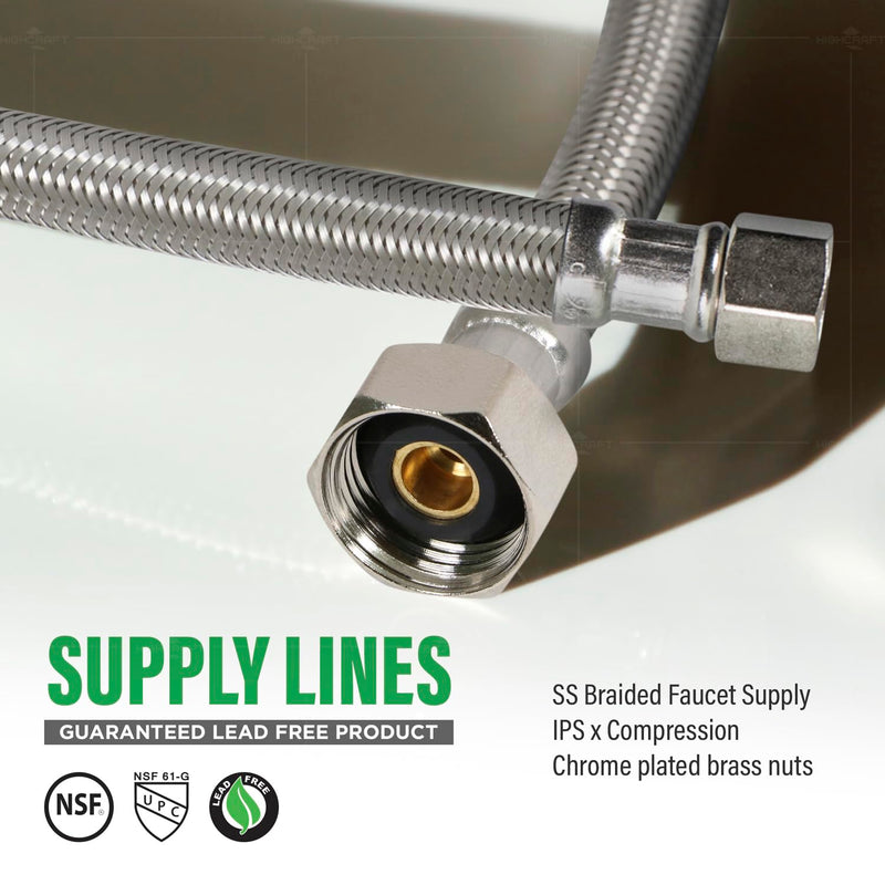 CNCT27116-OM-2 Braided Faucet Connector 16" Long, 1/2" IPS Brass Nut X 3/8 Female Fitting, Stainless Steel Lead-Free, 2 Pack 16 In Pack Of 2
