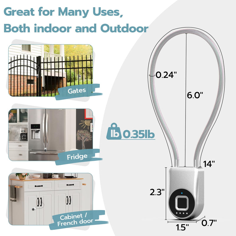 Fingerprint Cable Lock, Fridge Lock with Fingerprint Bluetooth APP Control, Smart Biometric Waterproof Child-Proof Refrigerator Locks for Kids & Adults Fridge French Door Cabinet Gate Silver