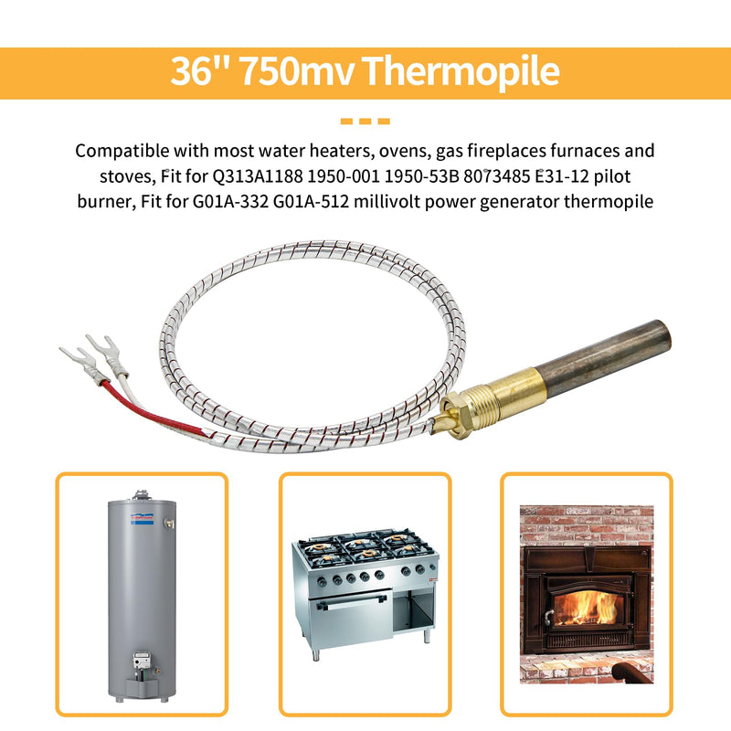 Q313A 750mV Thermopile Generato, 36" Universal Replacement Thermopile for Gas Water Heater, Fireplace/Gas Oven/Fryer, 750 Millivolt Thermal Couple Pilot Assembly (2/Pack) 36" (2/Pack)