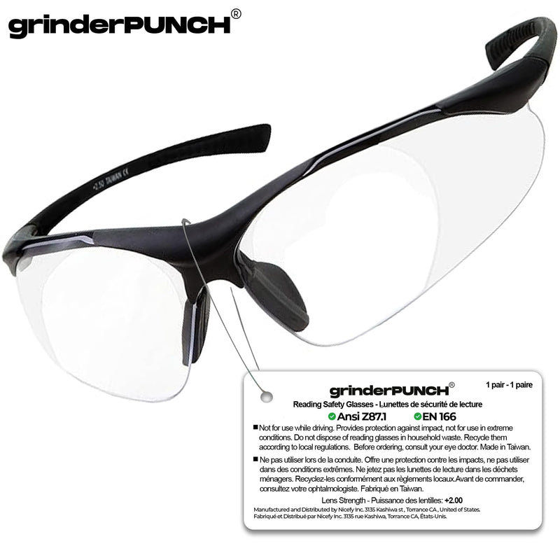 grinderPUNCH Full Lens Magnification Safety Glasses Readers ANSI Z87 Impact Resistant Diopter Magnifying Reading Glasses +2.00 Diopter