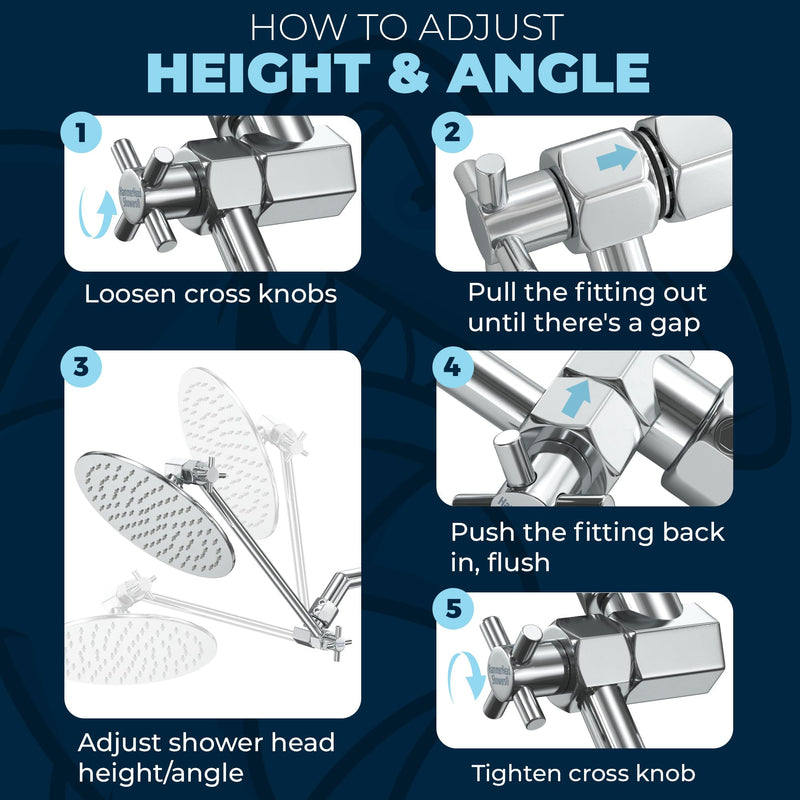 HammerHead Showers® ALL METAL 12 Inch Shower Head Extension Arm - Adjustable Shower Arm Extension Raises Showerhead Height - Shower Extender Arm Supports up to 10lbs — Chrome 12 Inches Polished Chrome