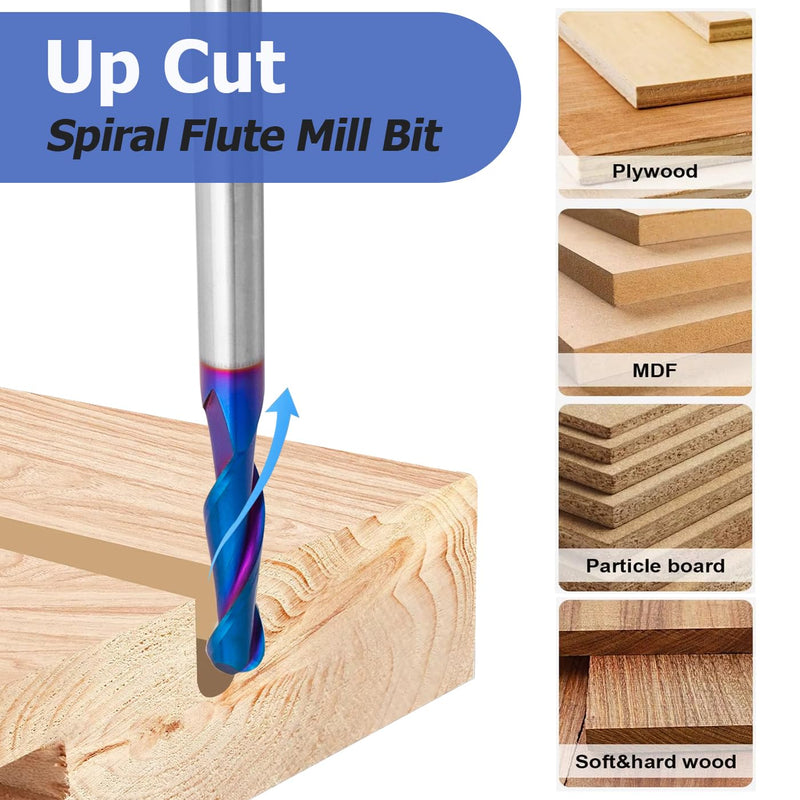 Mesee Ball Nose End Mill CNC Router Bit 1/4 Inch Shank Carbide Ball Nose Spiral Upcut Router Bit 1-1/8" Cutting Length Nano Blue Coating Ball End Milling Bit Woodworking Carving Tool, 1/4" Cutting Dia