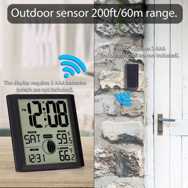 Atomic Wall Clock with Indoor/outdoor Temp Large Number Display Silent Battery Operated Alarm Analog Digital Clocks for Bedroom Dementia Seniors Desk Living Room Office Bathroom Kitchen Shower Black