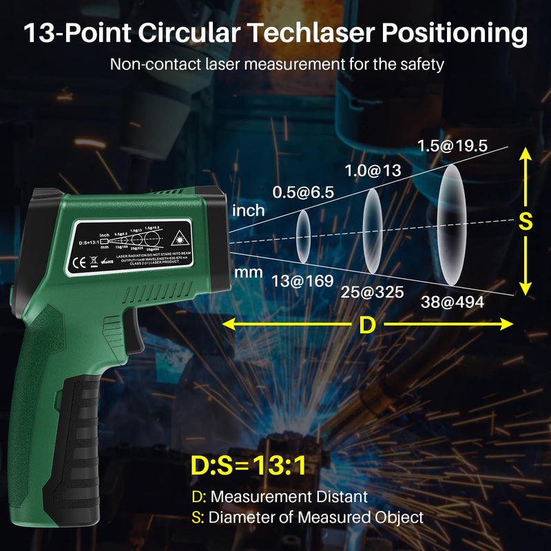Infrared Thermometer for Cooking, Gedaye Surface Laser Temperature Gun with Laser Pointer 13:1, Metal Probe, Adjustable Emissivity, -58℉ to 1562℉, Thermal Thermometer Gun for Pizza Oven Engine HVAC Green