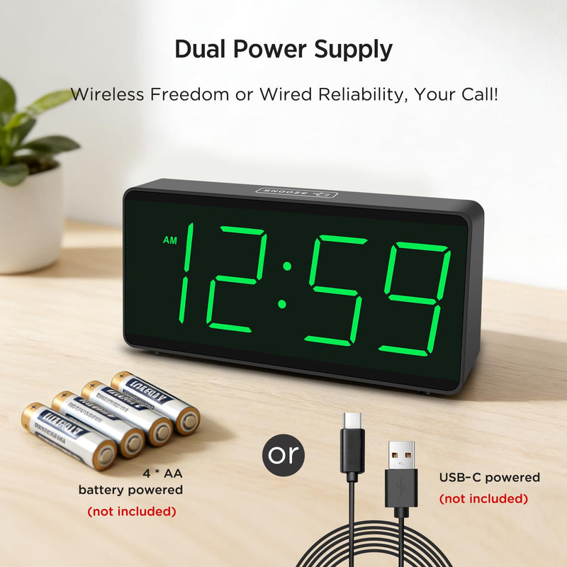 Peakeep Battery Operated Digital Alarm Clock for Bedrooms - Cordless Large Big Numbers 4 Dimmers, Auto Dimming for Seniors, Adjustable Volume Loud Alarm Clock for Heavy Sleepers Adults (Green Digits) Green Digits