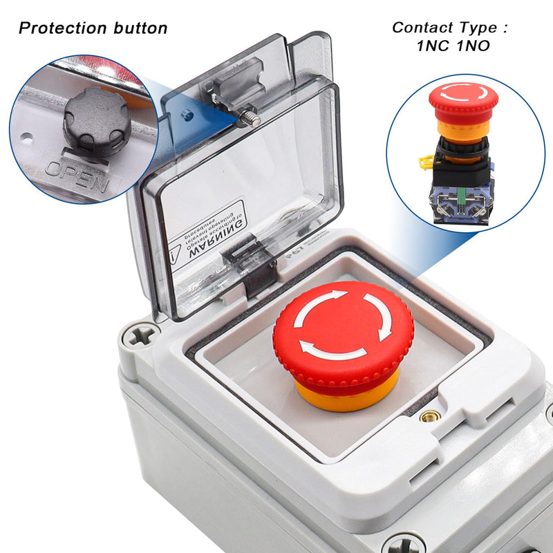 Taiss Emergency Stop Switches 1NC 1NO E-Stop Switches with IP67 Waterproof Box, Red Mushroom Latching Emergency Stop Push Button Switch e-Stop Push Button with Box IP67 style