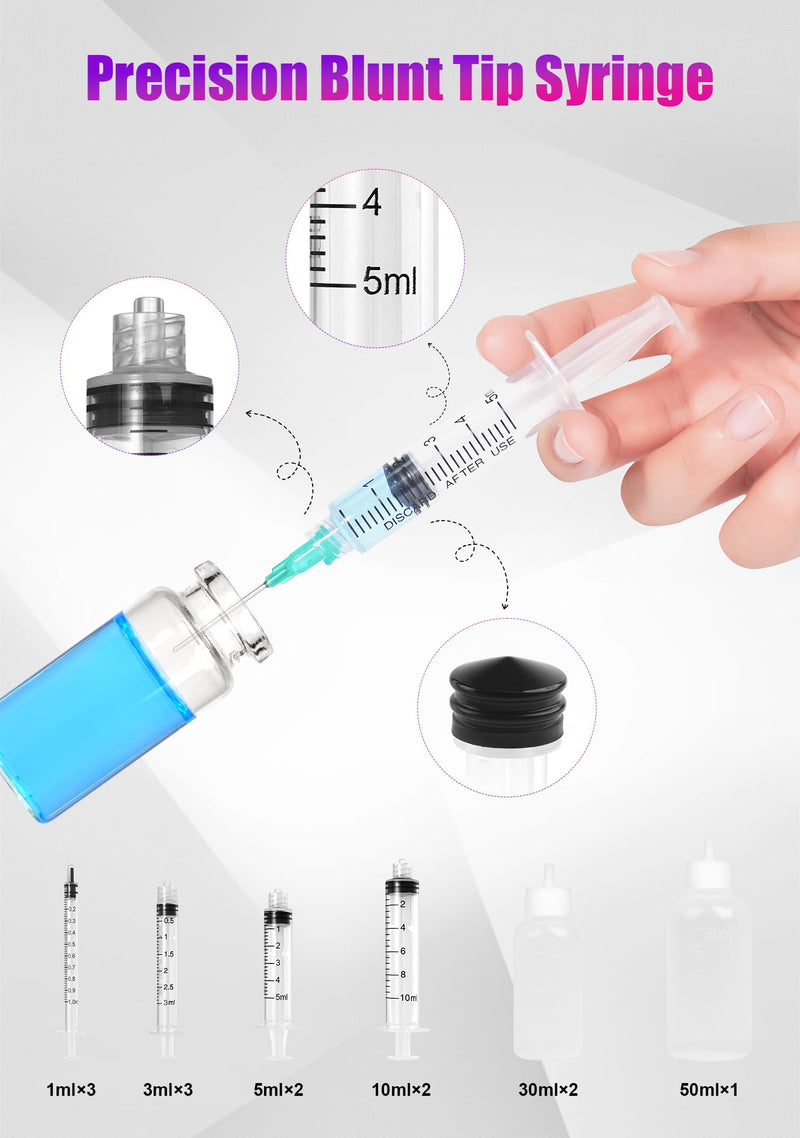 Glue Syringe Needle Tip Squeeze Bottles Set (1ml-50ml), 14G-22G Blunt Needle Tip with Caps, Precision Glue Applicator for Oil, Ink and Art Crafts 1ml-3ml-5ml-10ml-30ml-50ml