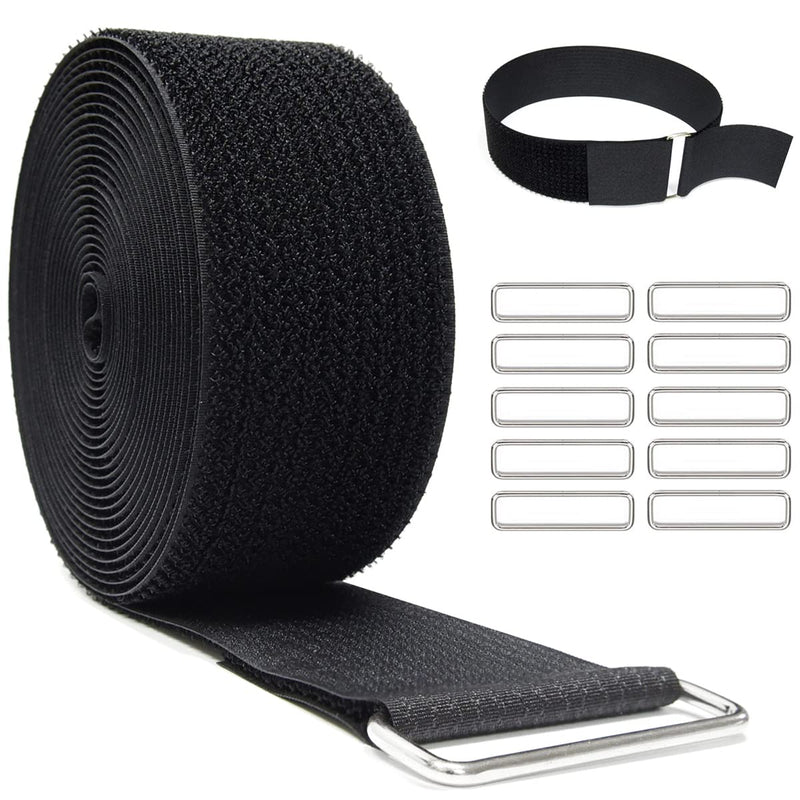 2"x16ft Reusable Cinch Strap with 10 Metal Buckles, Cut-to-Length Fastening Securing Straps, Adjustable Nylon Cable Straps and Cord Ties for Organizer or Storage, 2 inch Wide, Black 2in x16ft