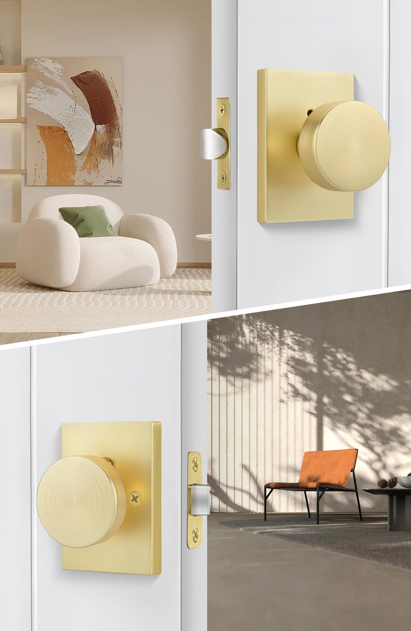 goldenwarm Gold Door Knob Interior, Heavy Duty Brushed Gold Interior Door Knobs for Bedroom Bathroom, Round Privacy Door Knob, Zinc-Alloy Rectangle Rosette Indoor Doorknob (1 Pack) 1 Pack