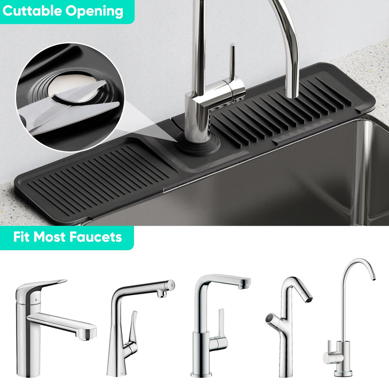 24 Inch Longer Faucet Mat for Kitchen Sink [5°Slope Fast Self-draining]Bathroom Kitchen Sink Splash Guard Silicone Sink Faucet Mat Splash Guard Kitchen Sink Area Tidy Splash Faucet Guard Draining Mat Black 24" x 5.5"