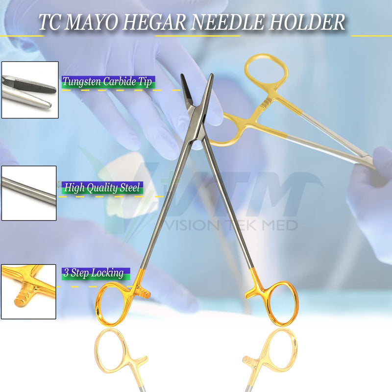 8 Inch TC Mayo Hegar Needle Holder Driver with Tungsten Carbide Inserts and Gold Rings Premium Grade Instrument