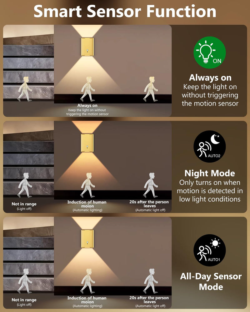 Rechargeable Motion Sensor Wall Sconce Set of 2 – 5000mAh Wireless Battery Operated Wall Light Indoor,3 Colors Up/Down Lighting Magnetic Night Light with Remote Control for Bedroom,Hallway (Gold) Gold 2 Pack