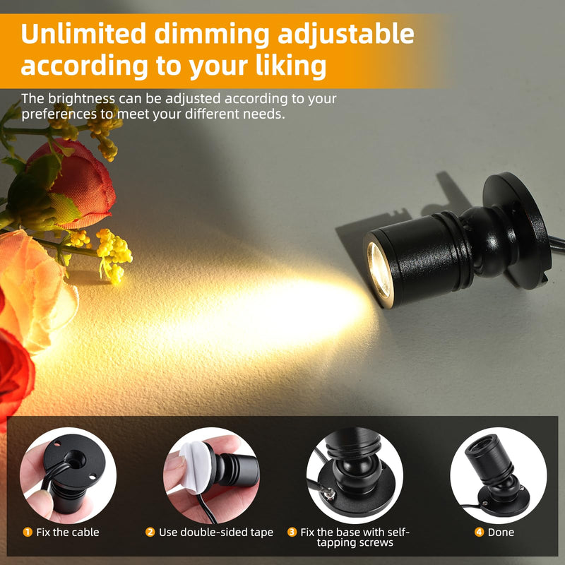YaeCCC Dimmable LED Mini Spotlight Jewelry Showcase Display Lights Black Shell Surface Mount (Pack-6,Warm White 3000k) Pack-6,Warm White 3000k