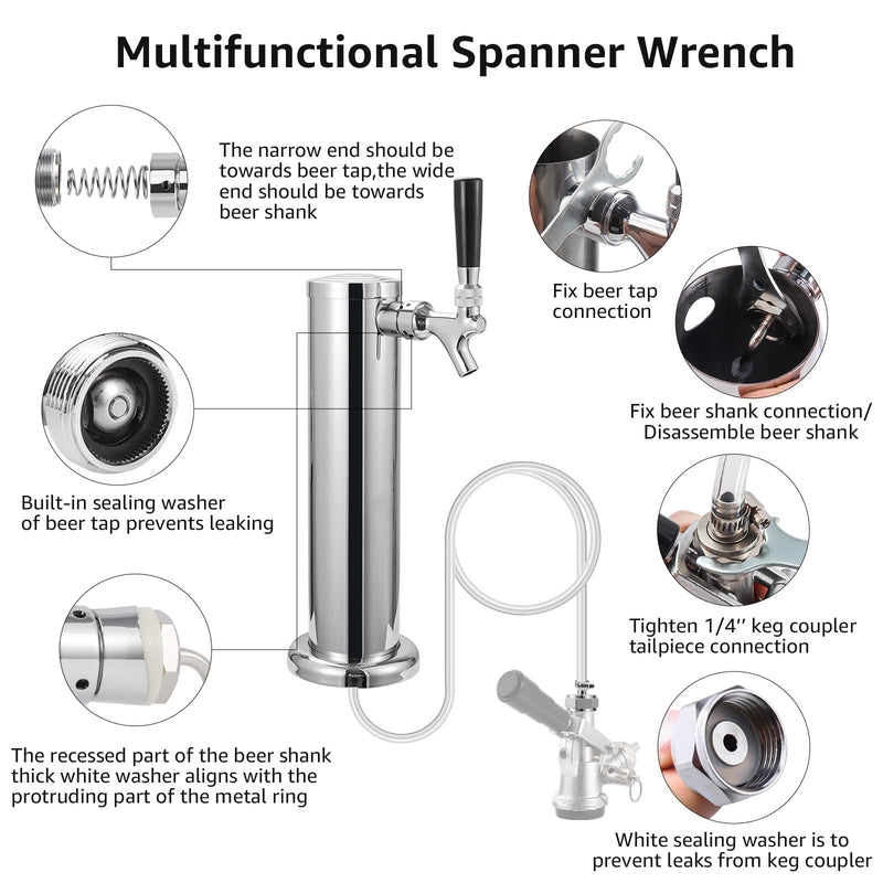 Draft Beer Line Shank Faucet Kit, Stainless Core Beer Tap Self-Closing Spring Tap Wrench No Leak 3/16'' Brewing Tubing 1/4'' Keg Coupler Barb Fitting Hose Clamp Kegerator Tower Replacement Set