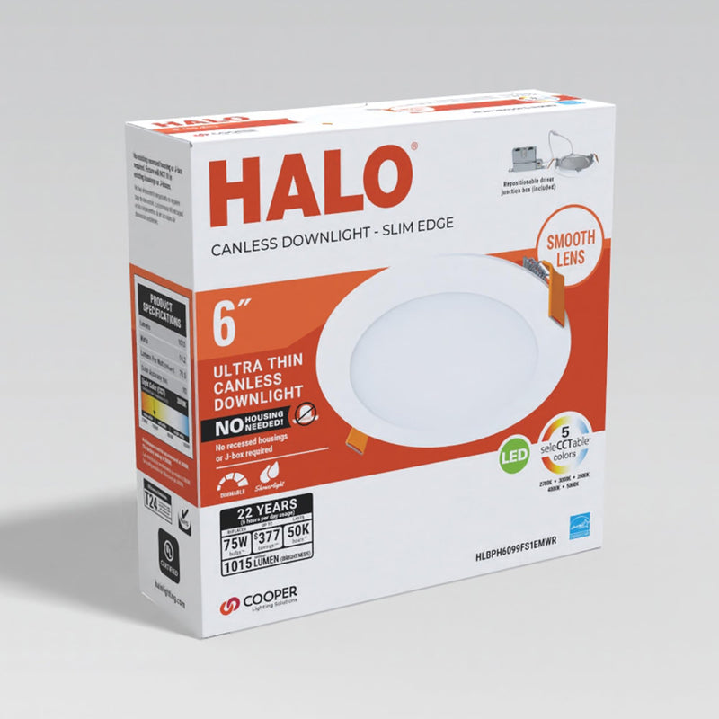 HALO HLBPH 6 inch Canless Recessed Downlight w/Remote Driver/Junction Box Integrated LED Kit Selectable 2700K, 3000K, 3500K, 4000K, 5000K CCT New Construction 6 inch White 5CCT