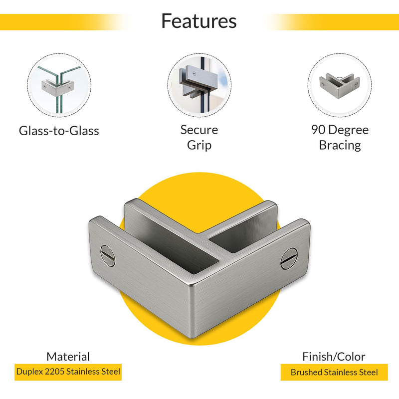 Brixwell Glass-to-Glass Bracing Clamp 90 Degree Type, Duplex 2205 Stainless Steel, Brushed Stainless Steel Finish, Fits 3/8" to 1/2" Tempered Panels, 1-1/8" Height
