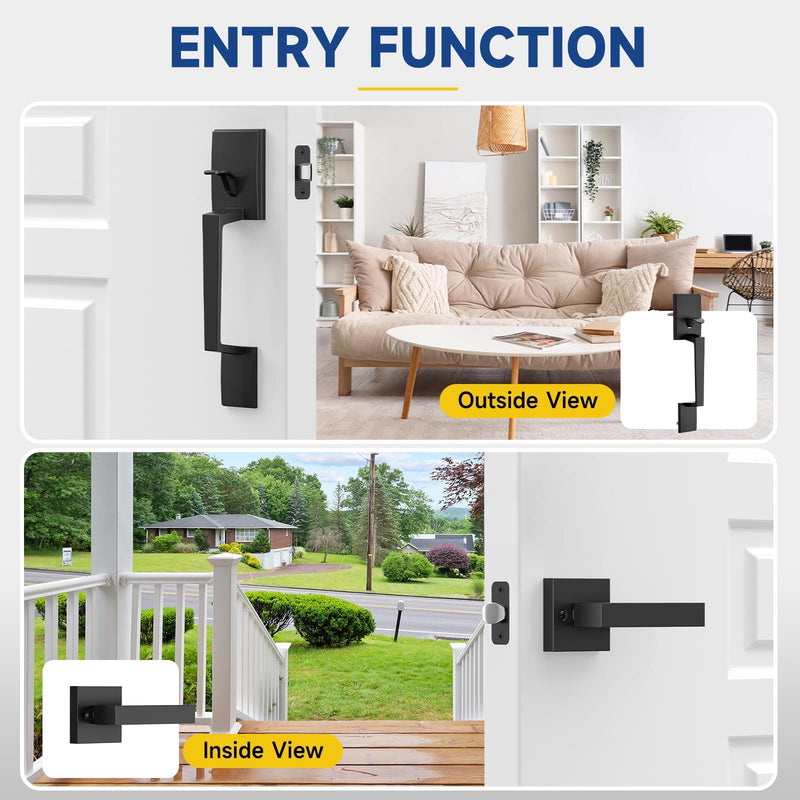Black Front Door Handle No Lock, Modern Exterior Door Handle with Passage Lever, Reversible for Left & Right Hand Door, Front Door Handleset Matte Black No Deadbolt