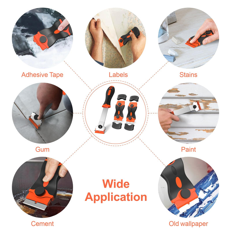3 Pack Razor Blade Scraper Set, Includes 30 Plastic & 30 Metal Blades, Multi-Purpose Tool for Glass, Cooktop, Sticker Removal, Paint & Gum Cleaning (Orange) Orange